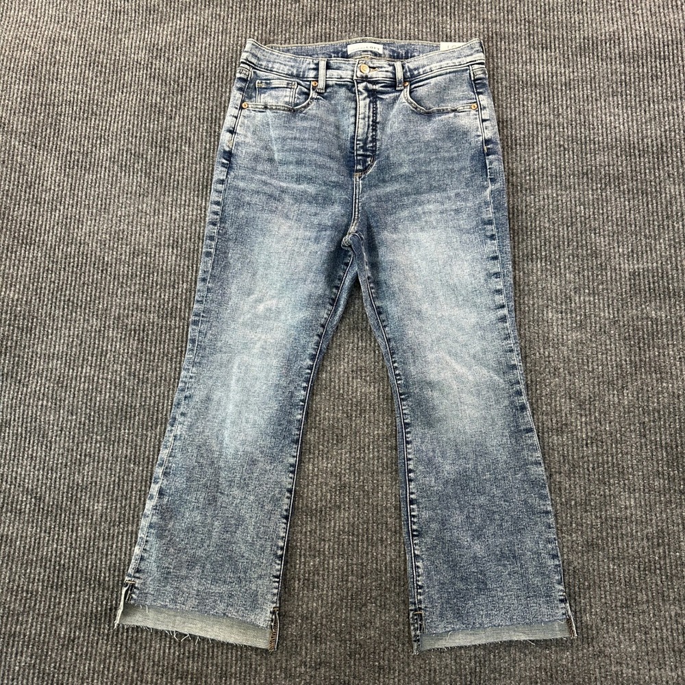 Loft High Rise Kick Crop Jeans 32 14 Petite Blue Acid Wash Raw Hem Side Slit NWT